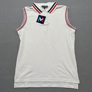 NEW Movetes Polo Golf Shirt Women's Medium White Phoenix Sleeveless Poppy Stripe